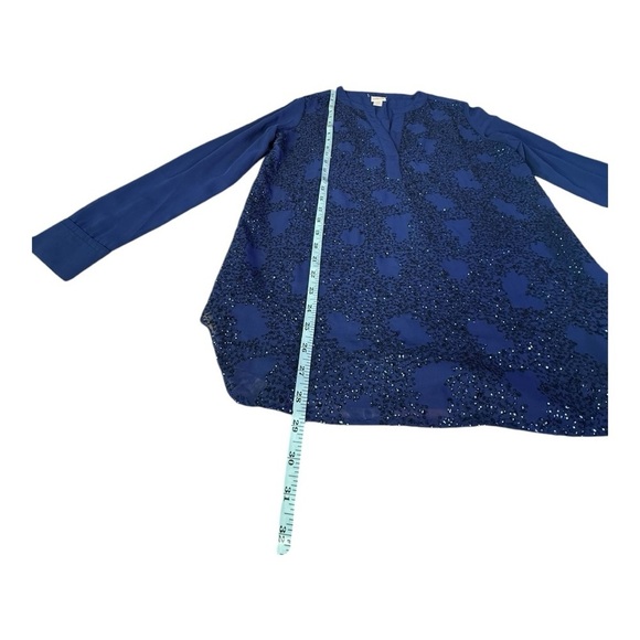 Chicos Cobalt Blue Split Neck Sequin Front Sheer Layered Occassion Blouse - Picture 11 of 13